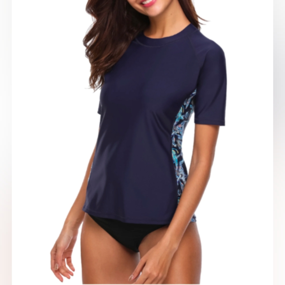 Navy Rash Guard Swim Top with Patterned Sides Ptp 18
